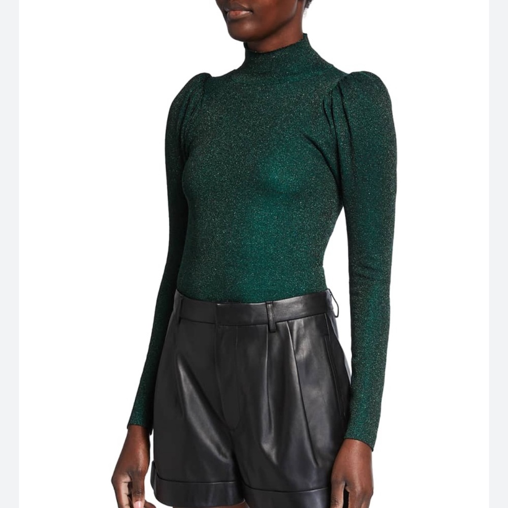 NWOT Alice + Olivia Puff-Sleeve Turtleneck Sweater, Shimmery Green, Sz Small